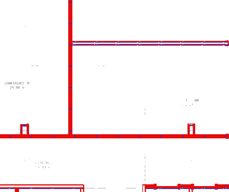 Eine Ecke derselben Überlagerung in Pixelgröße: Blau bleibt nur als dünner Saum an den Kanten der roten Wände.