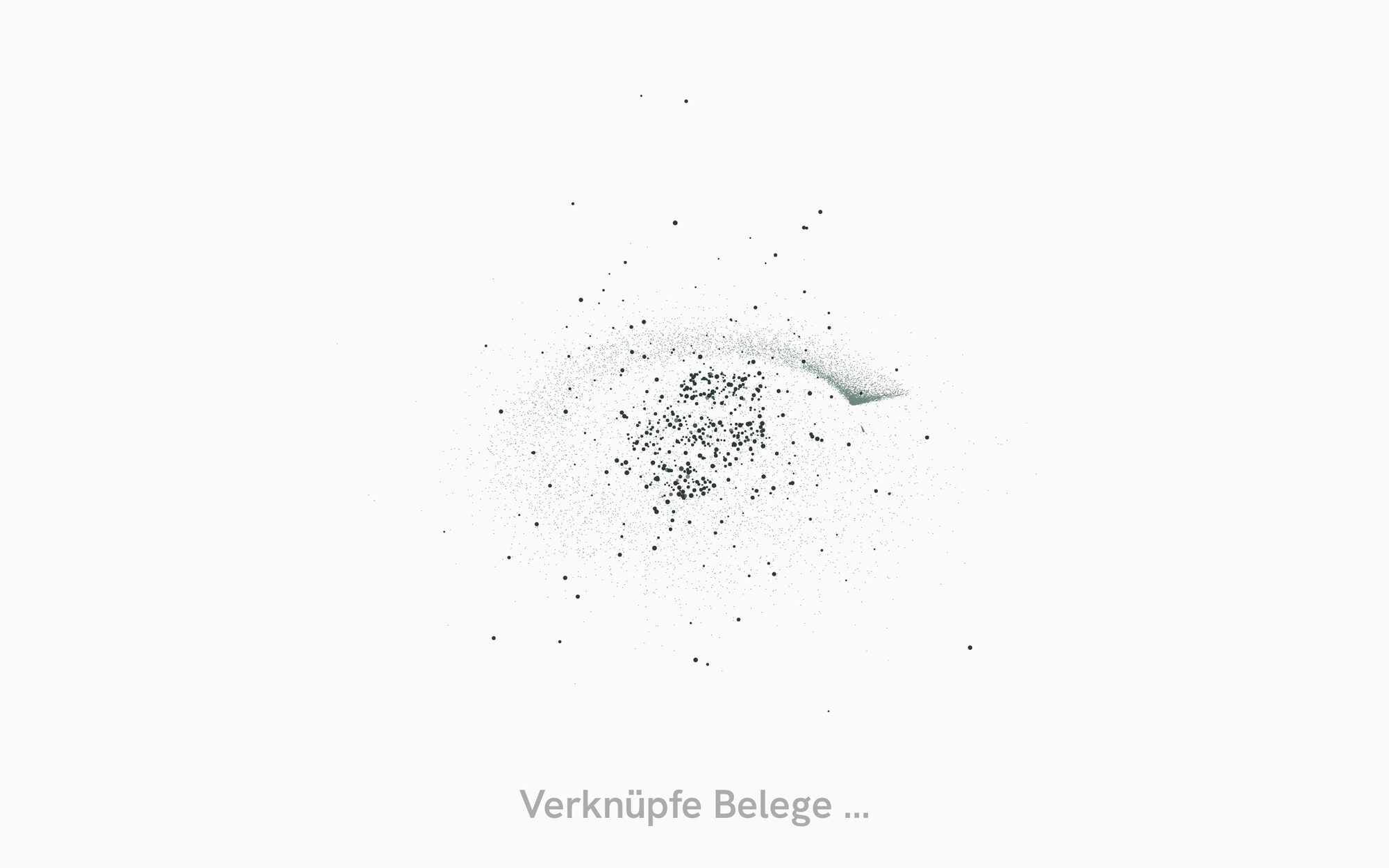 The connection run: a cloud of points condensing into a graph, with the line Verknüpfe Belege beneath it.