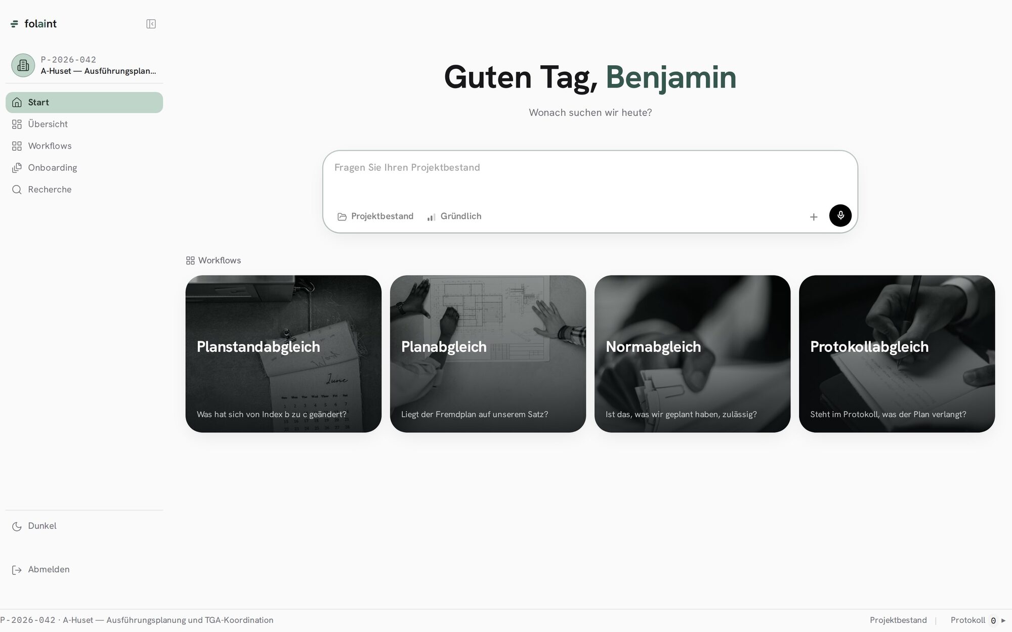 The home screen: a greeting, a question box, and four workflow tiles with photographs.