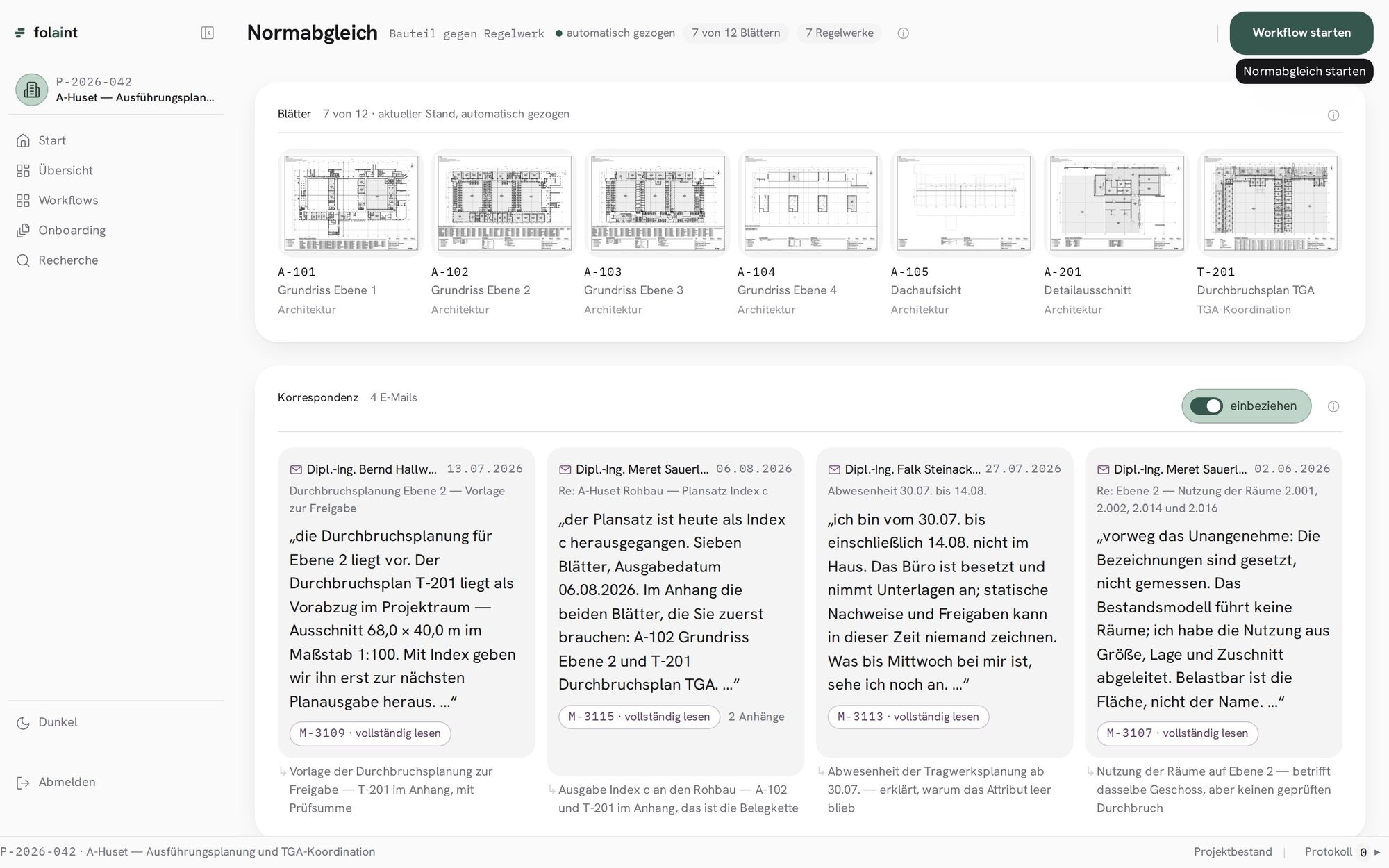 The check configuration: seven sheet thumbnails in a row, below them four quoted mails with reference numbers.