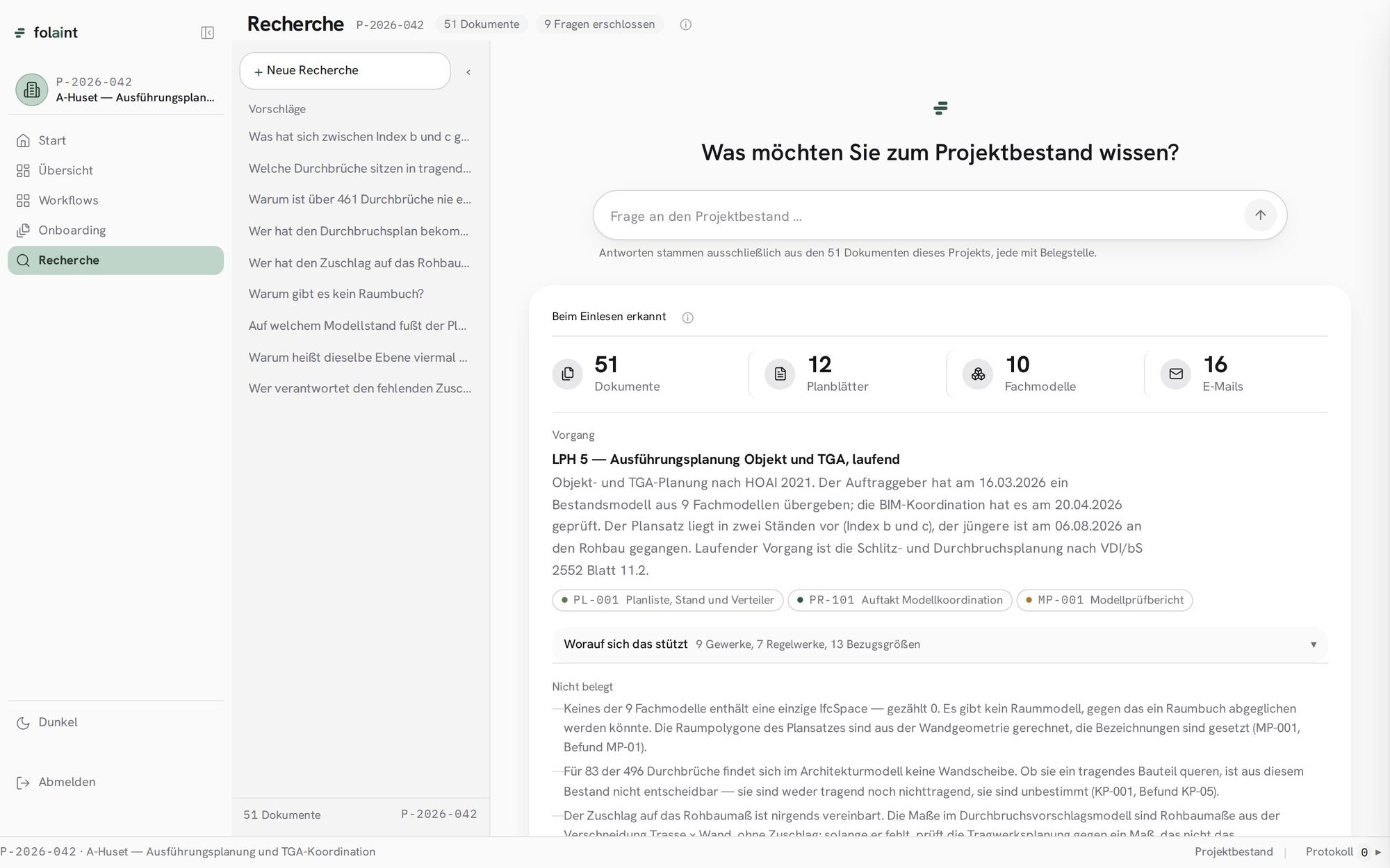 The research screen: a question box, counters for documents, sheets, models and mails, a description of the current process with source chips, and a list headed Not documented.